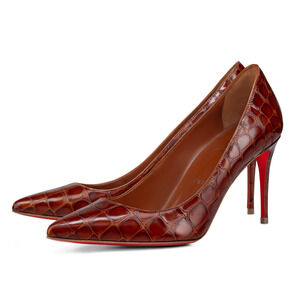 Christian Louboutin Kate 85 Brown Acajou Calf Ali Croc Pointed Toe Heel Pump 40